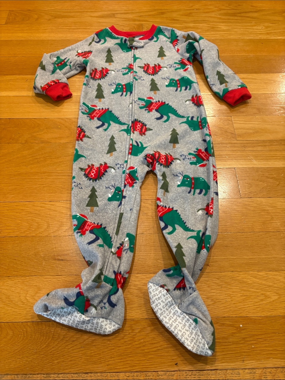 Carter's Gray Footed One-Piece with Green & Red Dinosaur Print
